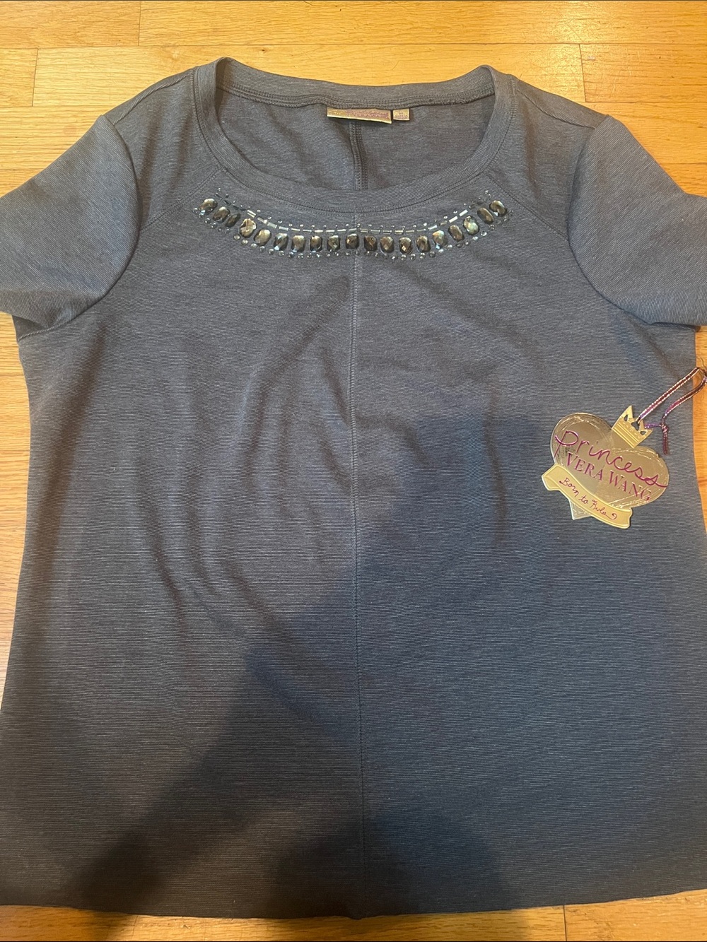Vera Wang Gray Short Sleeve Top with Beaded Neckline